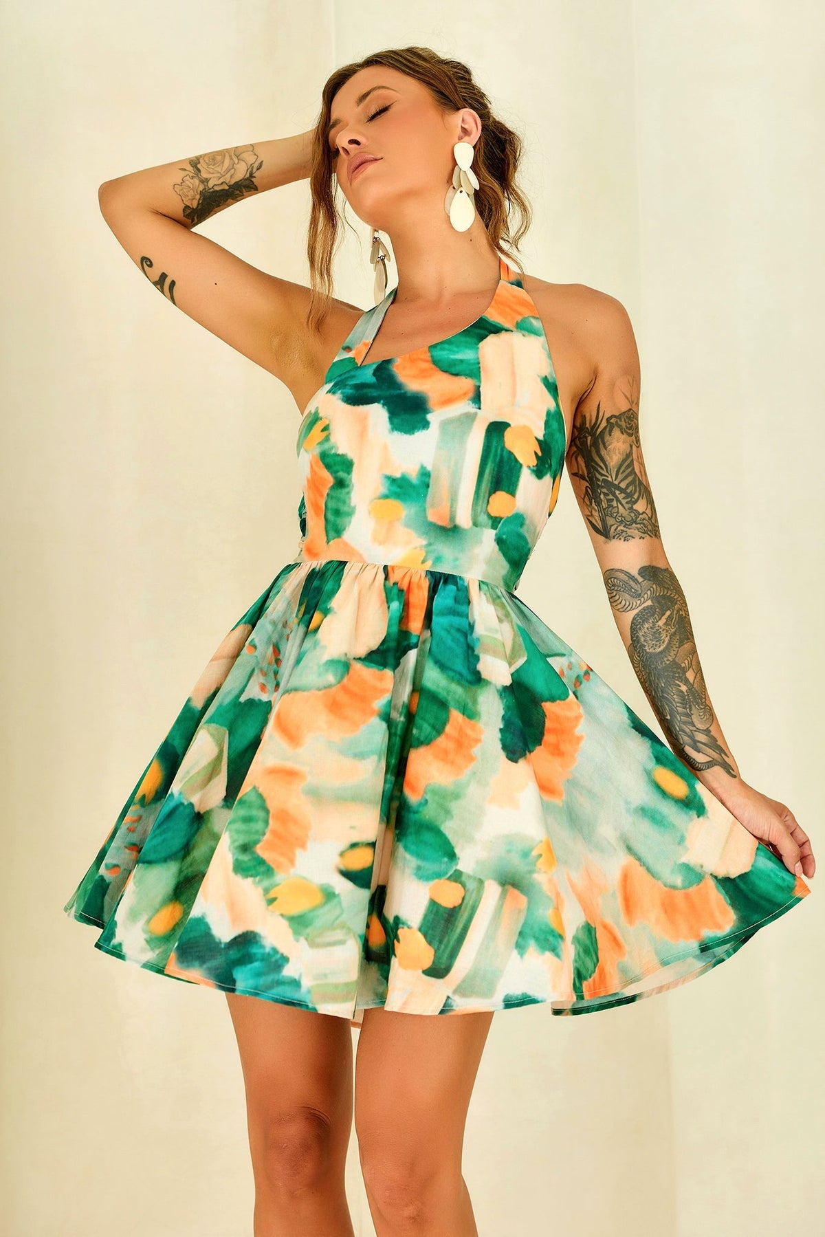 Eden Bloom Halter Woven Mini Dress - Green Multi