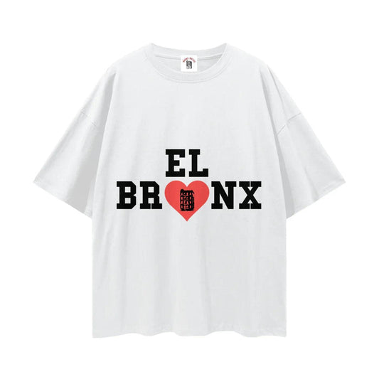 White t-shirt with 'EL BRONX' text and red heart design, inspired by NYC streetwear culture