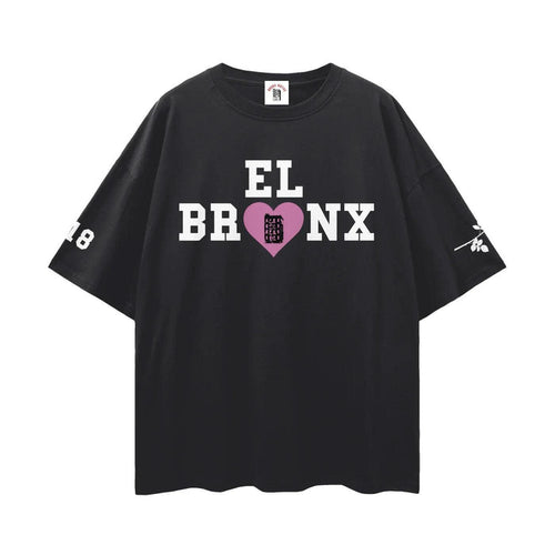 Black El Bronx tee with pink heart design, bold streetwear inspired by NYC culture