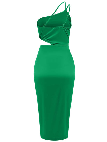 Vianne One-Shoulder Satin Midi Dress - Emerald