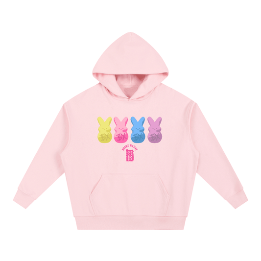 Pink hoodie with colorful bunny graphics on a white background