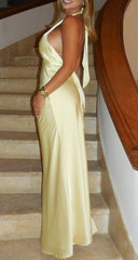 Classy Mermaid V Neck Slim Yellow Silk Satin Long Formal Fancy Prom Evening Dresses Dinner Outfits Classy Party Gown AB2057
