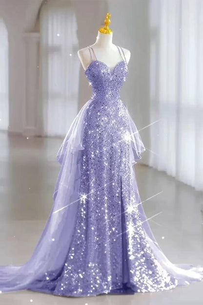 Chic Mermaid Spaghetti Straps Lilac Sequins Long Formal Fancy Prom Evening Dress Dinner Outfits Party Gowns For Teens AB2172