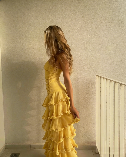 Modest Sheath Strapless Yellow Chiffon Long Prom Dresses Party Dress 20th Birthday Outfits Graduation Dress N1615