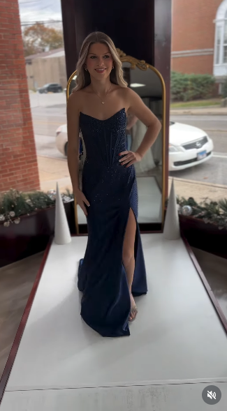 Elegant Mermaid Strapless Navy Blue With Beads Slit Long Formal Prom Evening Dress Dinner Outfits Party Gowns AB2070