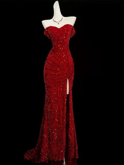 Classy Mermaid Sweetheart Red Slit Sequin Long Evening Gowns Prom Dress N1507