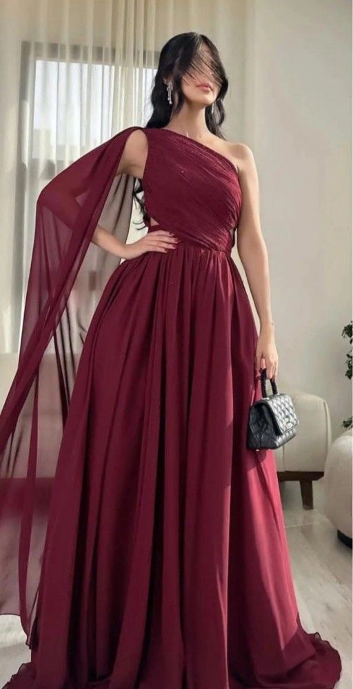 Chic A Line One Shoulder Burgundy Chiffon With Pleated Long Party Women Prom Dresses AB1907