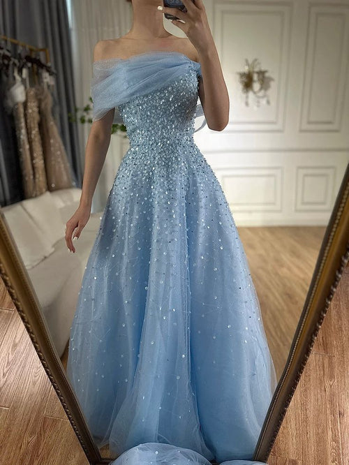 Dream A line Off The Shoulder Blue Tulle Prom Dress Inspo Women Long Formal Dance Evening Party Gowns AB1800