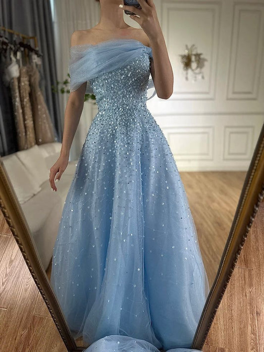 Dream A line Off The Shoulder Blue Tulle Prom Dress Inspo Women Long Formal Dance Evening Party Gowns AB1800