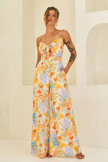 Floral Serenade Rayon Jumpsuit - Yellow Multi