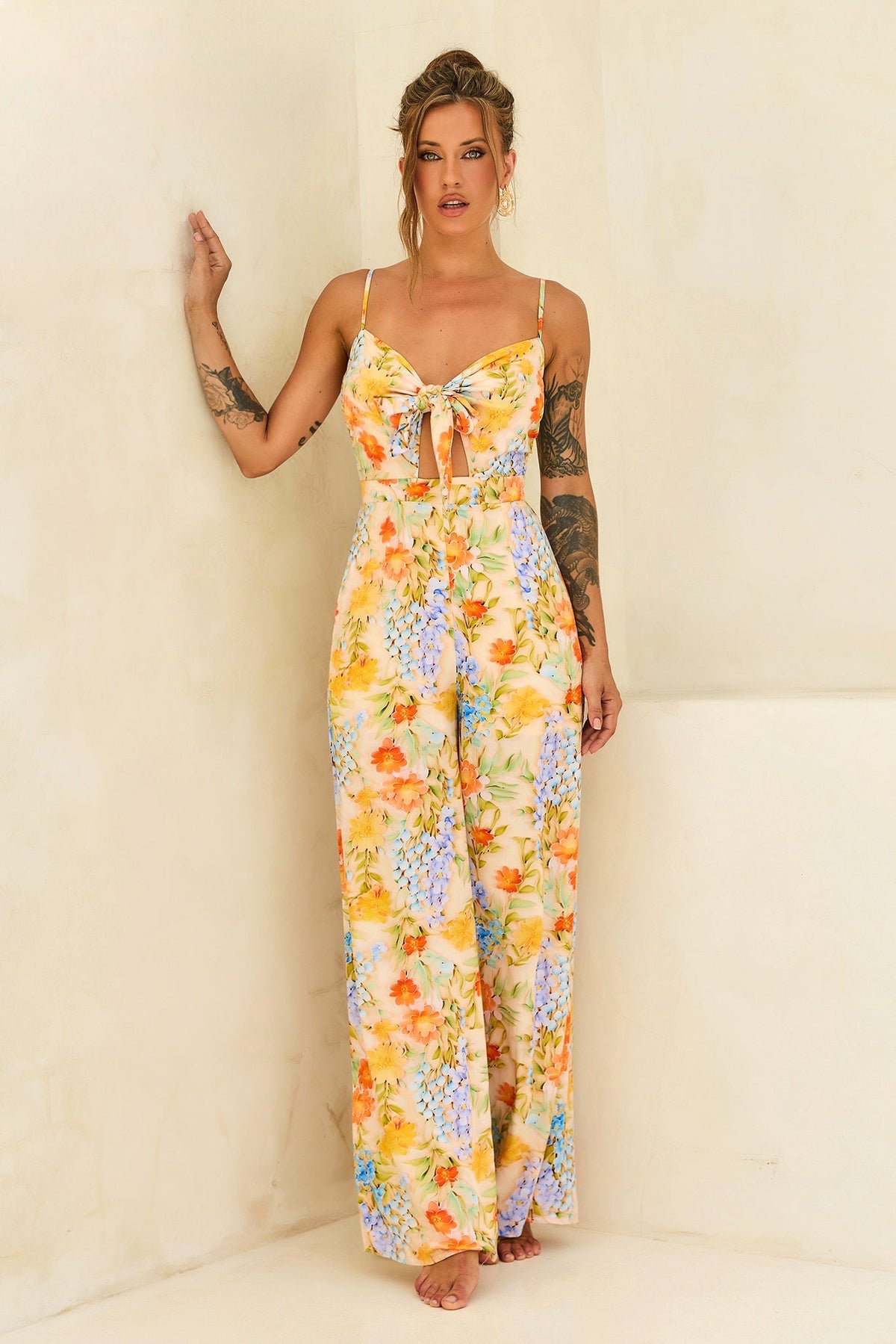 Floral Serenade Rayon Jumpsuit - Yellow Multi