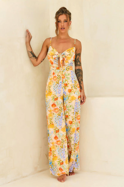 Floral Serenade Rayon Jumpsuit - Yellow Multi