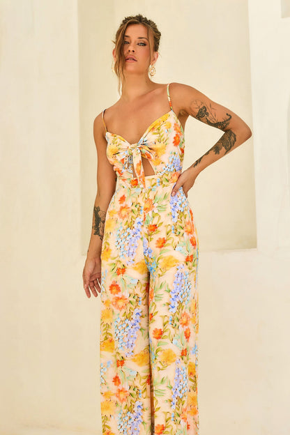 Floral Serenade Rayon Jumpsuit - Yellow Multi