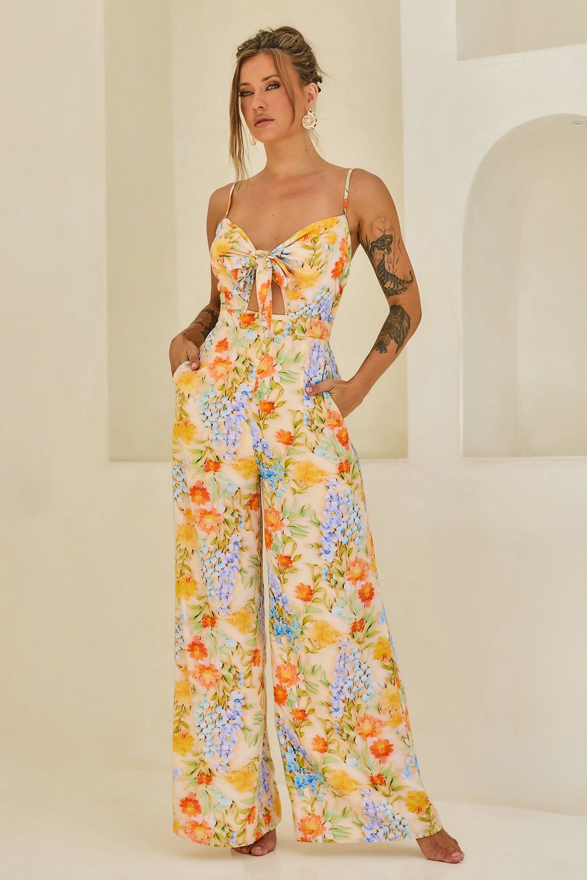 Floral Serenade Rayon Jumpsuit - Yellow Multi