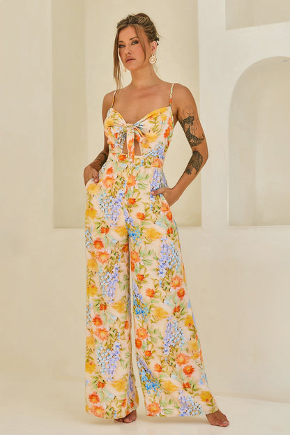 Floral Serenade Rayon Jumpsuit - Yellow Multi