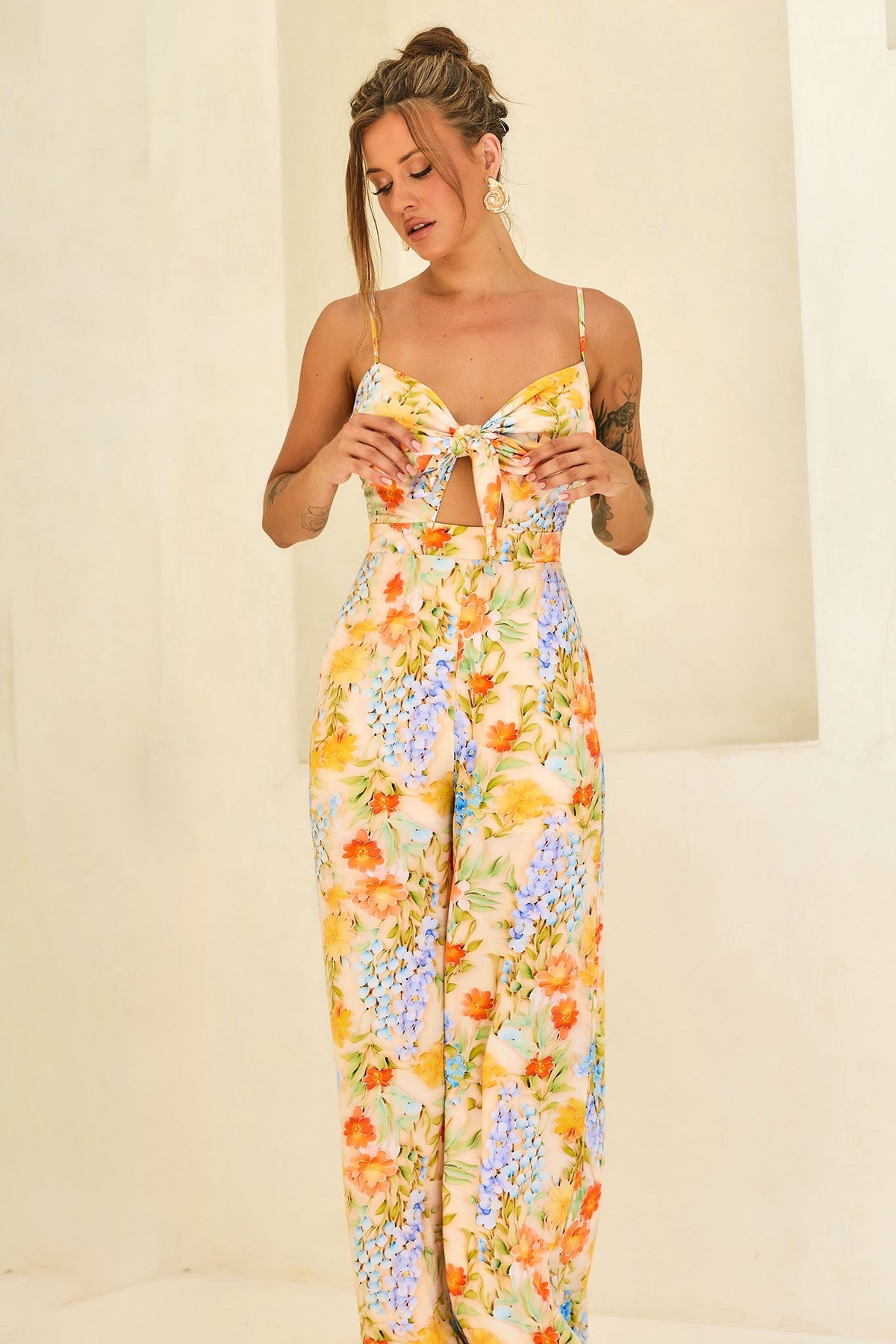 Floral Serenade Rayon Jumpsuit - Yellow Multi