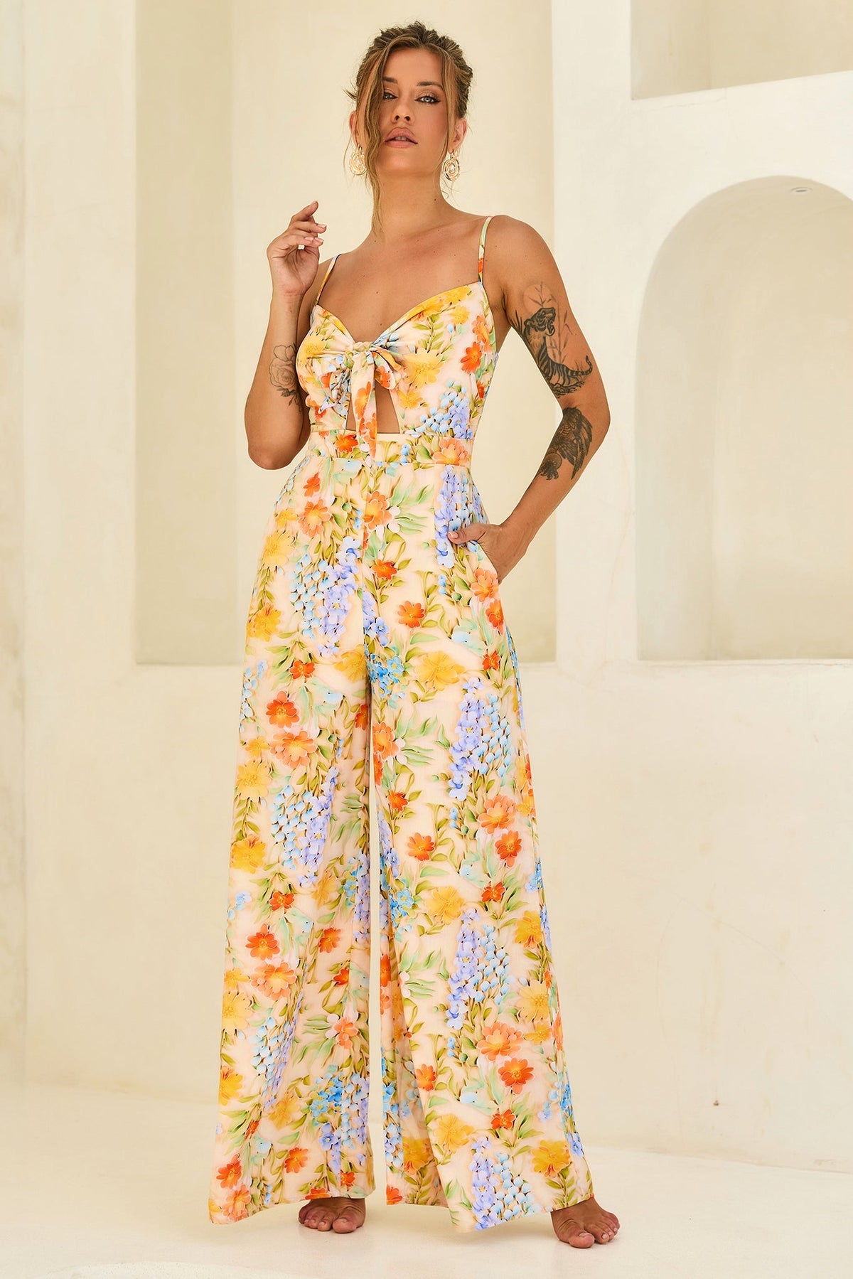 Floral Serenade Rayon Jumpsuit - Yellow Multi