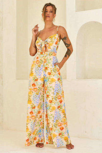 Floral Serenade Rayon Jumpsuit - Yellow Multi
