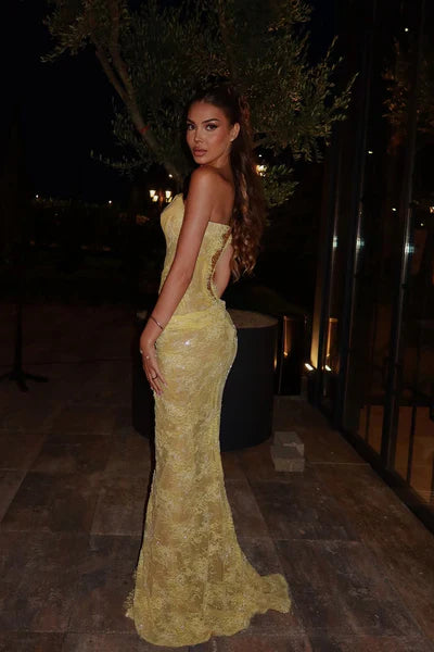 Modest Senior Prom Dresses High Schools Inspiration Mermaid Sweetheart Yellow Lace With Slit Semi Formal Grad Long Prom Dress For Teens AB2109