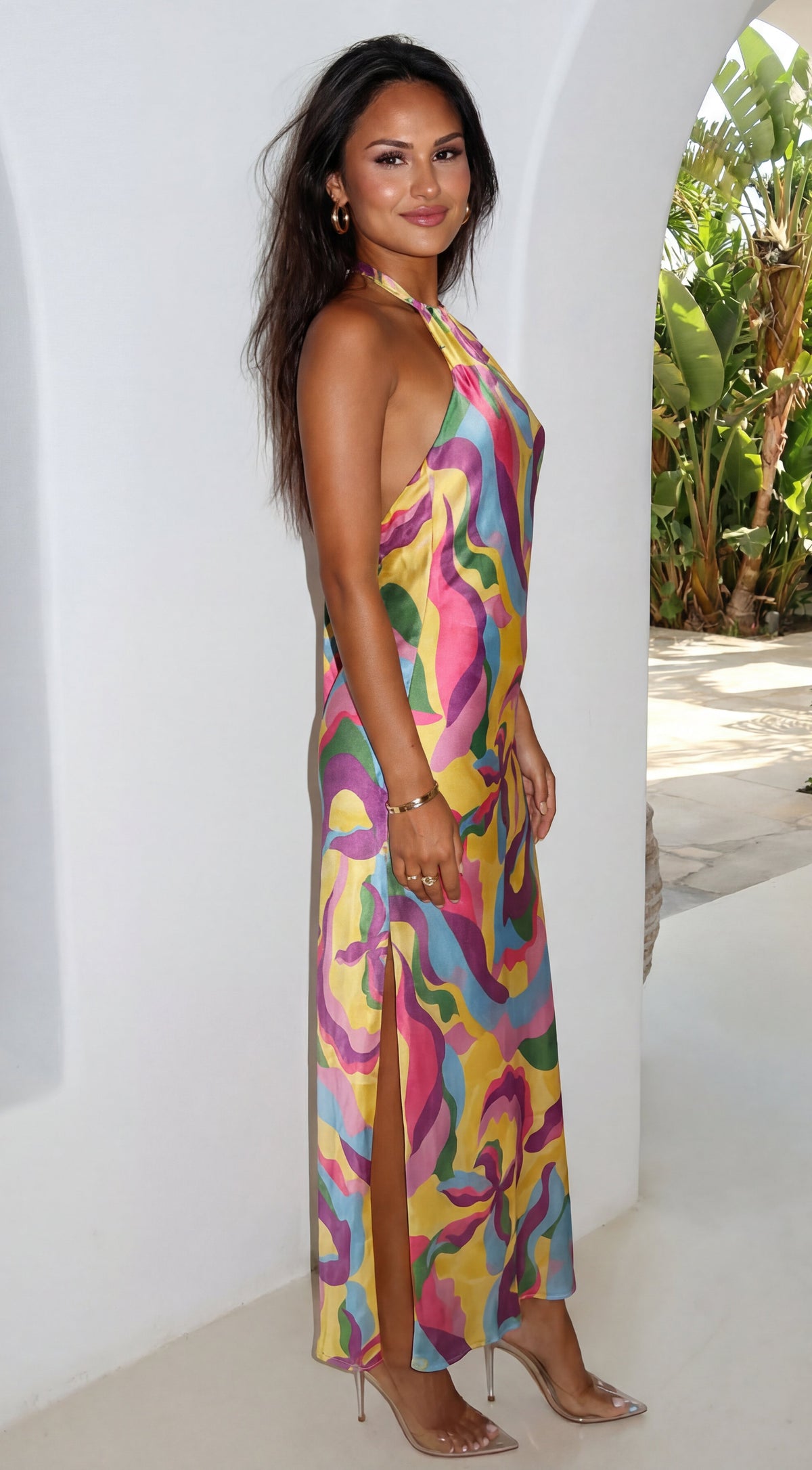 Joviana Abstract Halter Satin Maxi Dress - Yellow Multi