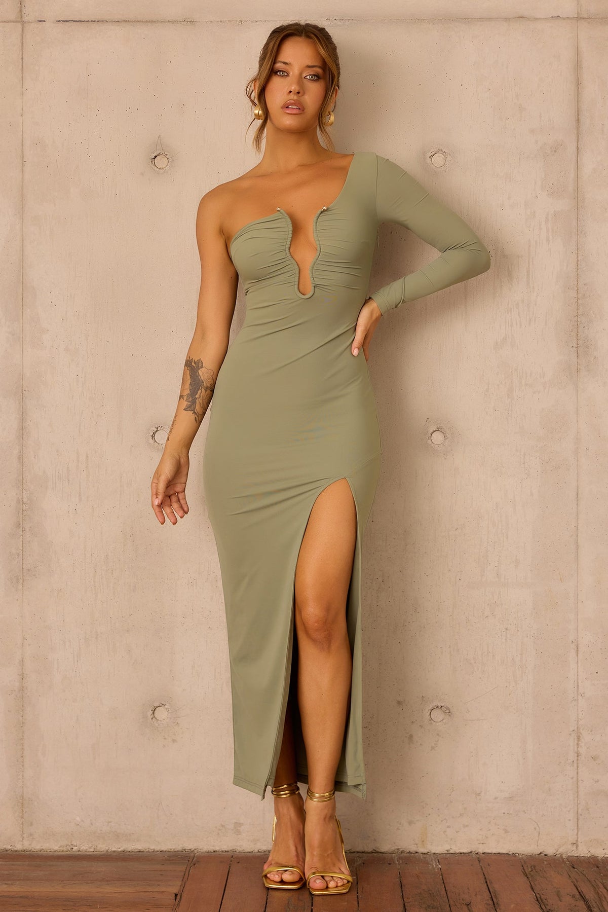 Nocturne Draped Maxi Dress - Olive