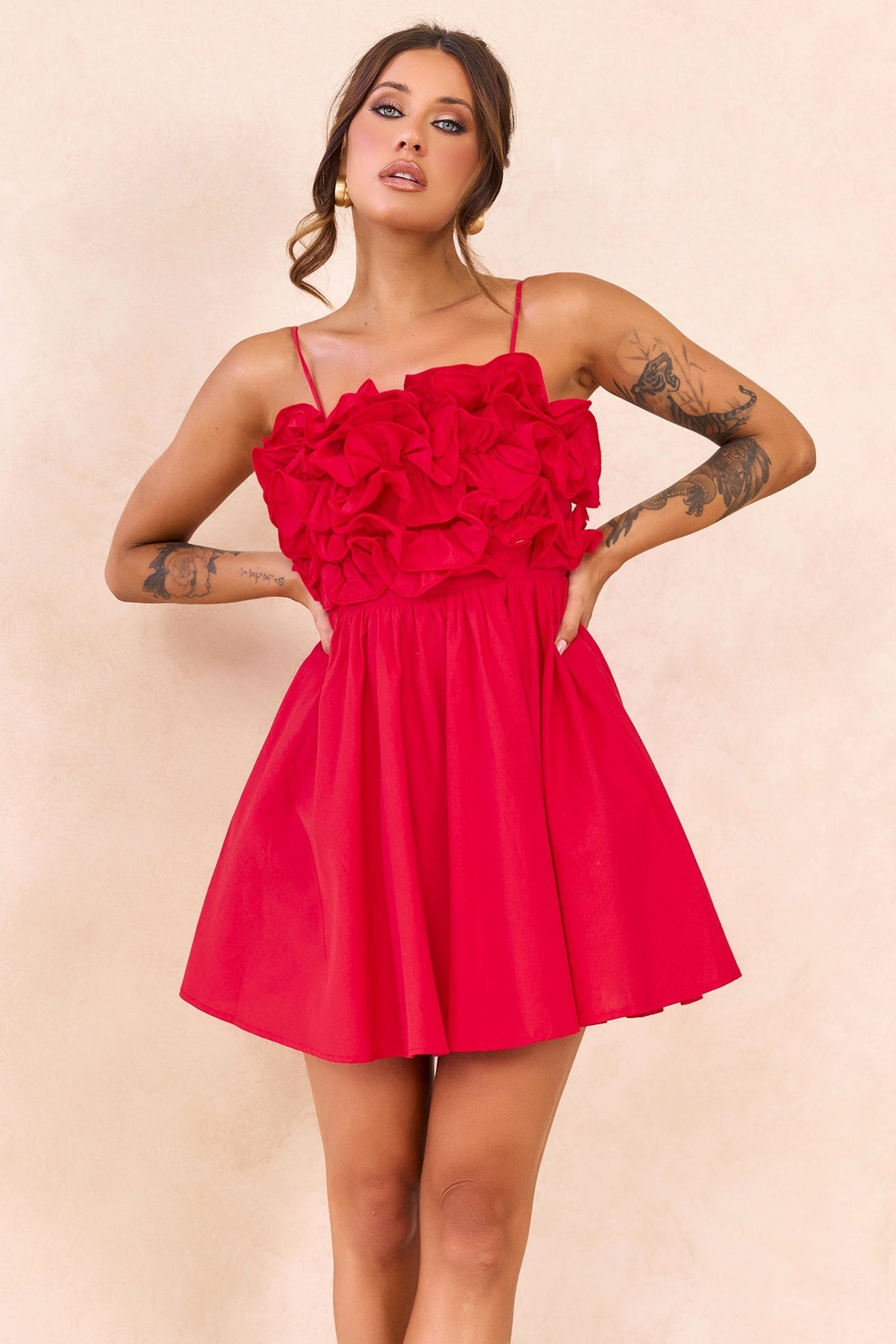 Petal Whirl Cotton Mini Dress - Red