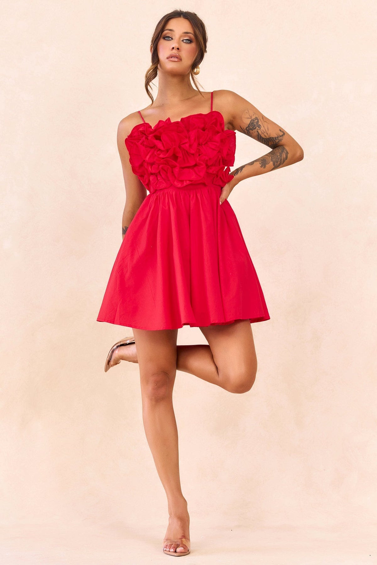 Petal Whirl Cotton Mini Dress - Red