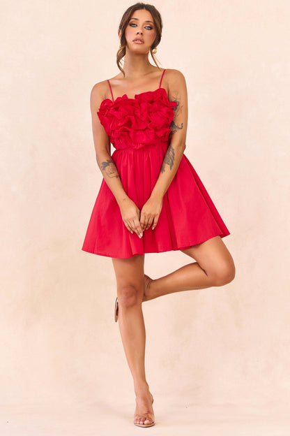 Petal Whirl Cotton Mini Dress - Red