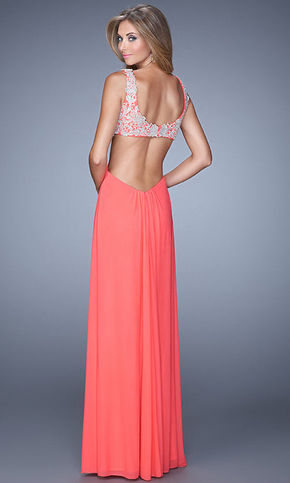 Lace-Bodice Open-Back Long La Femme Prom Dress