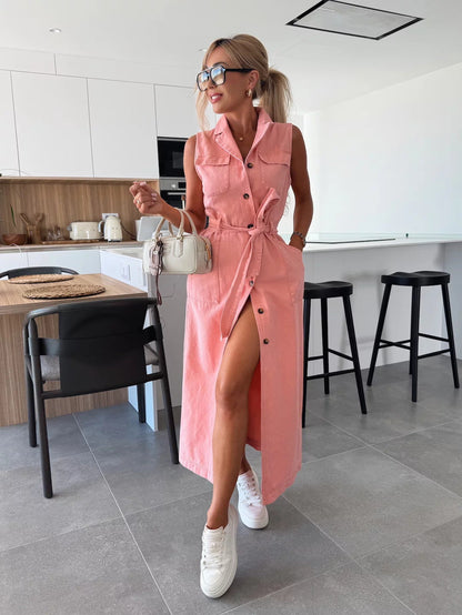 Sierra Serenade Denim Maxi Dress - pink