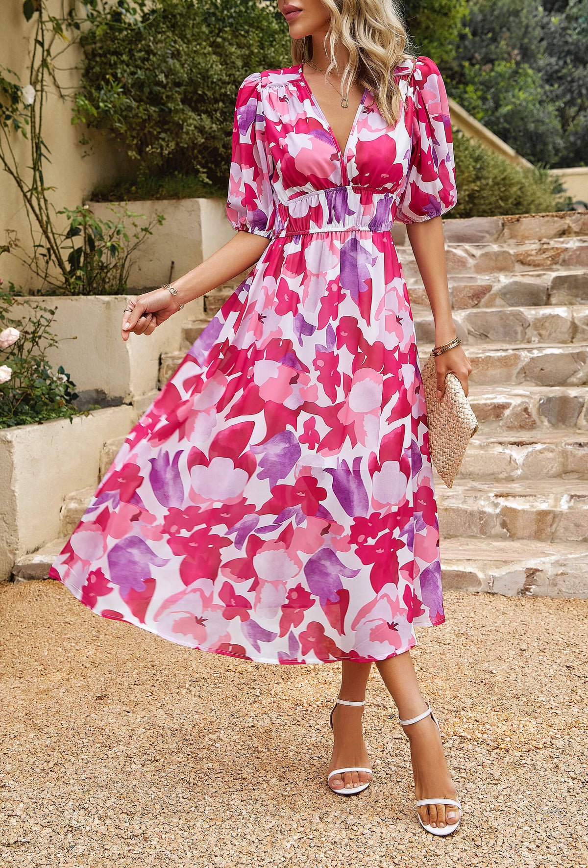EUPHORIC MOOD FLORAL PRINTED MIDI DRESS - PINK