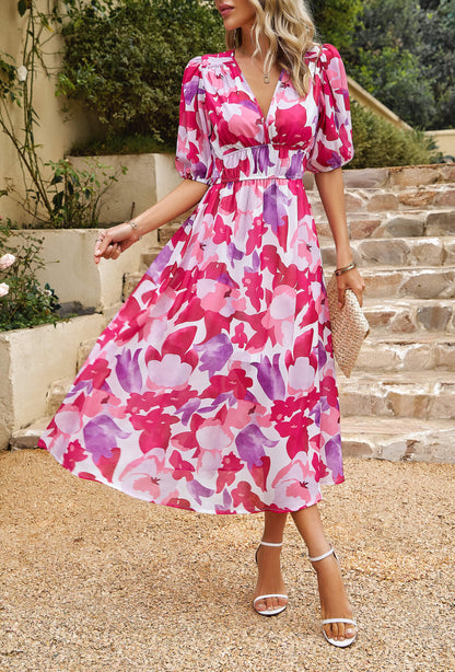 EUPHORIC MOOD FLORAL PRINTED MIDI DRESS - PINK