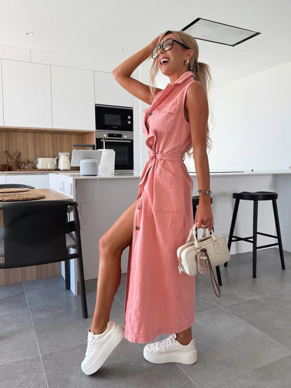 Sierra Serenade Denim Maxi Dress - pink
