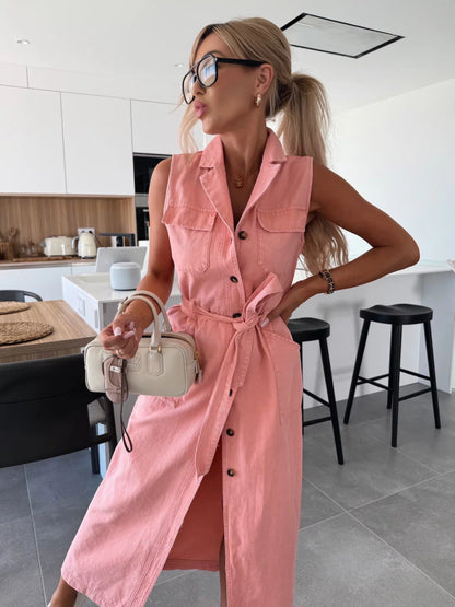 Sierra Serenade Denim Maxi Dress - pink
