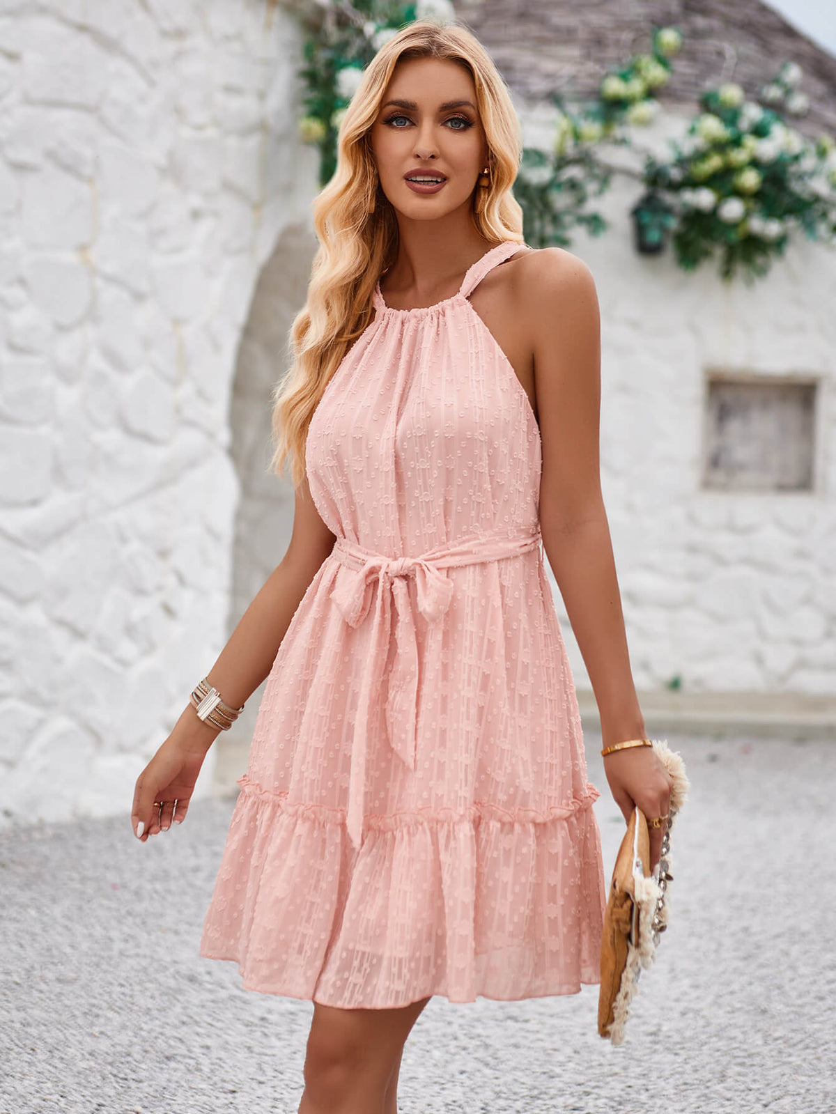 Priscilla Halter Babydoll Mini Dress - Pink
