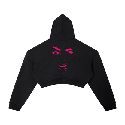 Black cropped hoodie with bold pink face graphic, urban streetwear style