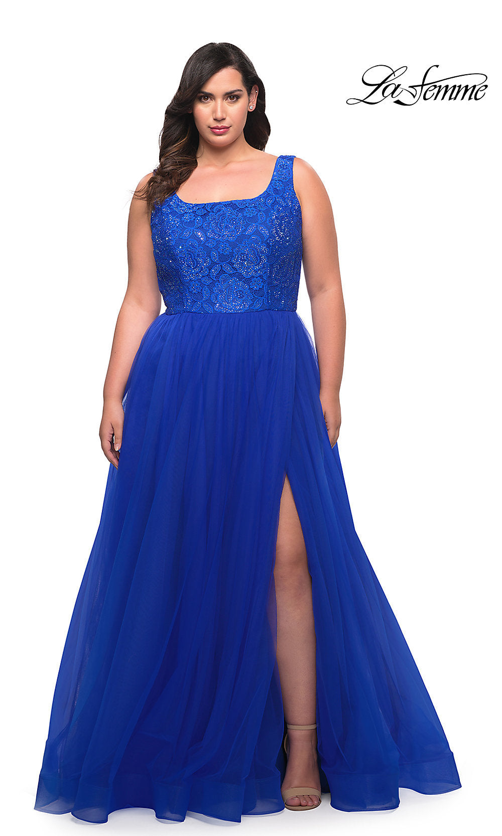 La Femme Long Lace-Bodice Plus-Size Prom Dress