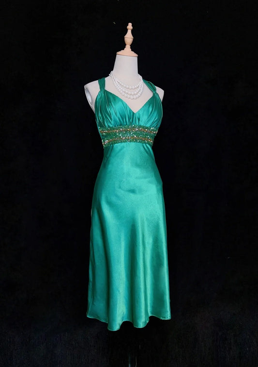 Modest Prom Dresses A line Halter Green Satin Tea Length Evening Outfits N3478
