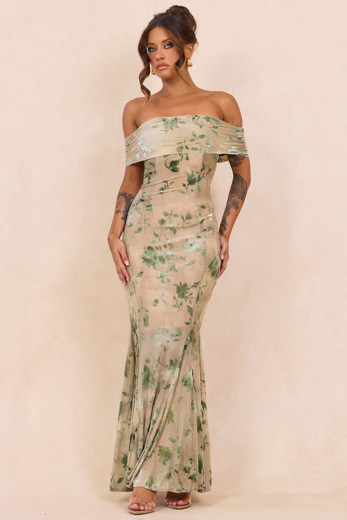 Serina Flocked Mesh Maxi Dress - Olive