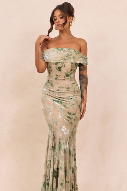 Serina Flocked Mesh Maxi Dress - Olive