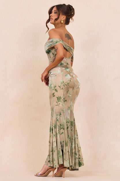Serina Flocked Mesh Maxi Dress - Olive