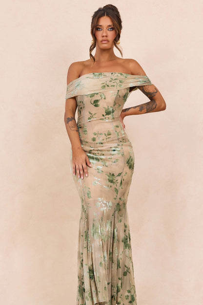 Serina Flocked Mesh Maxi Dress - Olive