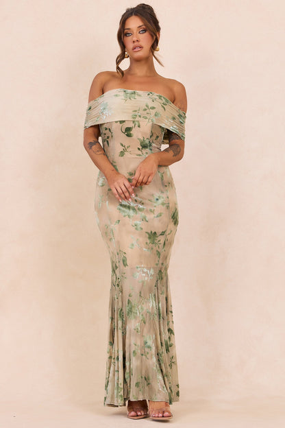 Serina Flocked Mesh Maxi Dress - Olive