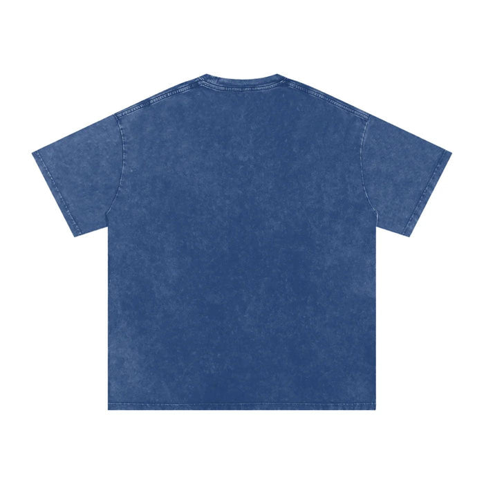 Blue acid wash t-shirt with classic streetwear style, perfect for urban fashion lovers.