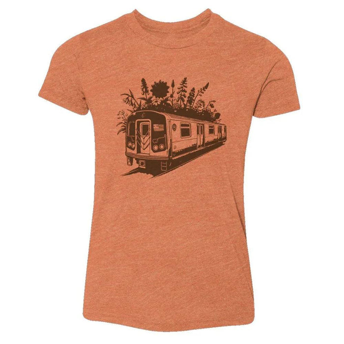 Bronx-inspired tee with subway train and floral design, bold streetwear style