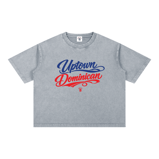 Gray t-shirt with 'Uptown Dominican' text in blue and red on a white background