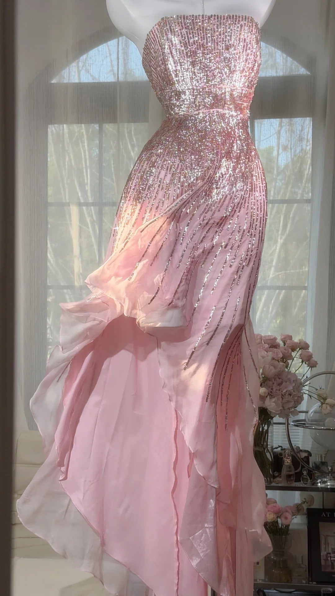 Elegant Prom Dresses Mermaid Strapless Pink Chiffon High Low Formal Evening Outfits N3530