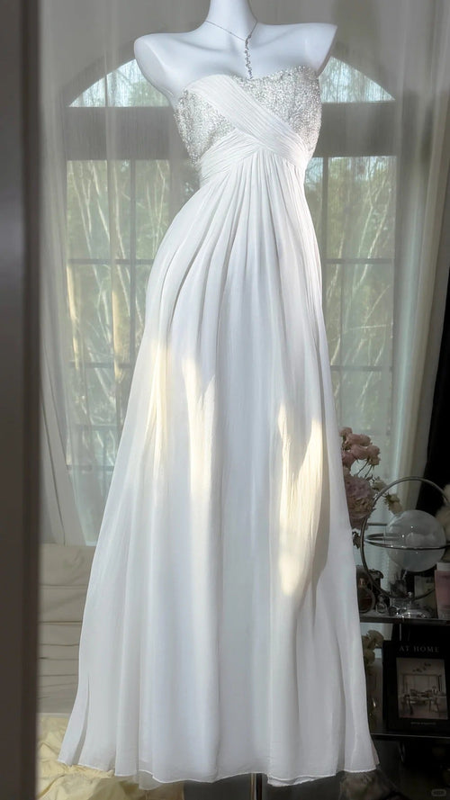 Modest Prom Dresses A line Swetheart White Chiffon Floor Length Evening Outfits N3525