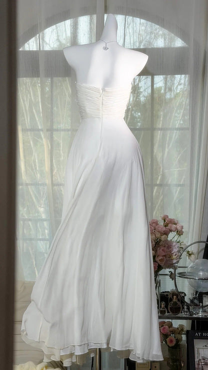 Modest Prom Dresses A line Swetheart White Chiffon Floor Length Evening Outfits N3525