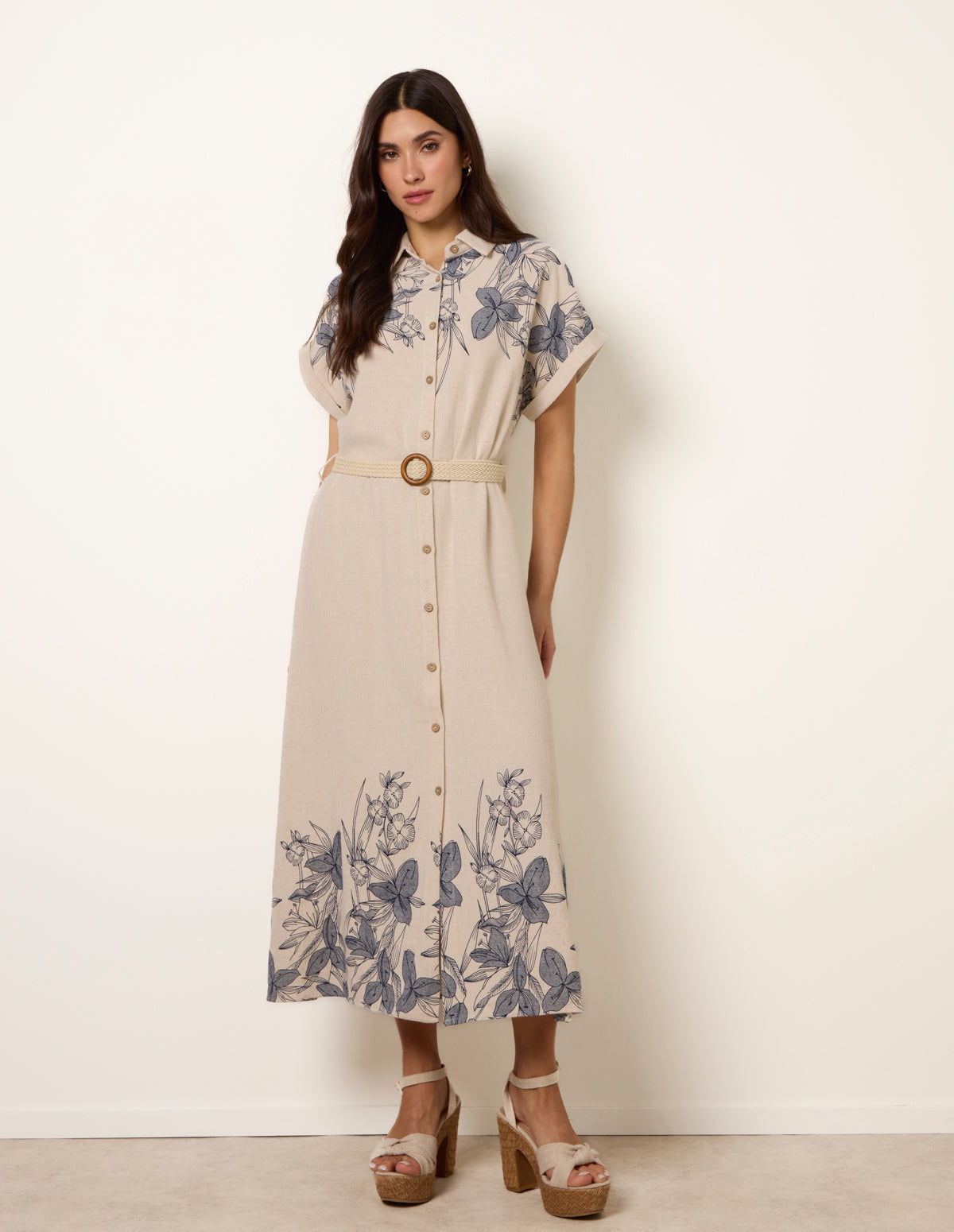 Printed Linen Belted Dress